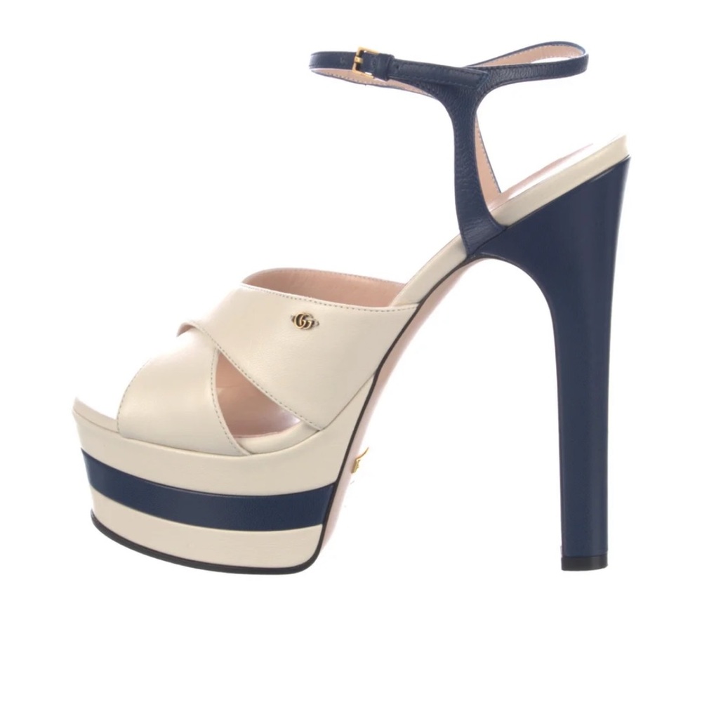 Gucci Cream and Navy High Platform Ankle-Strap Sandal